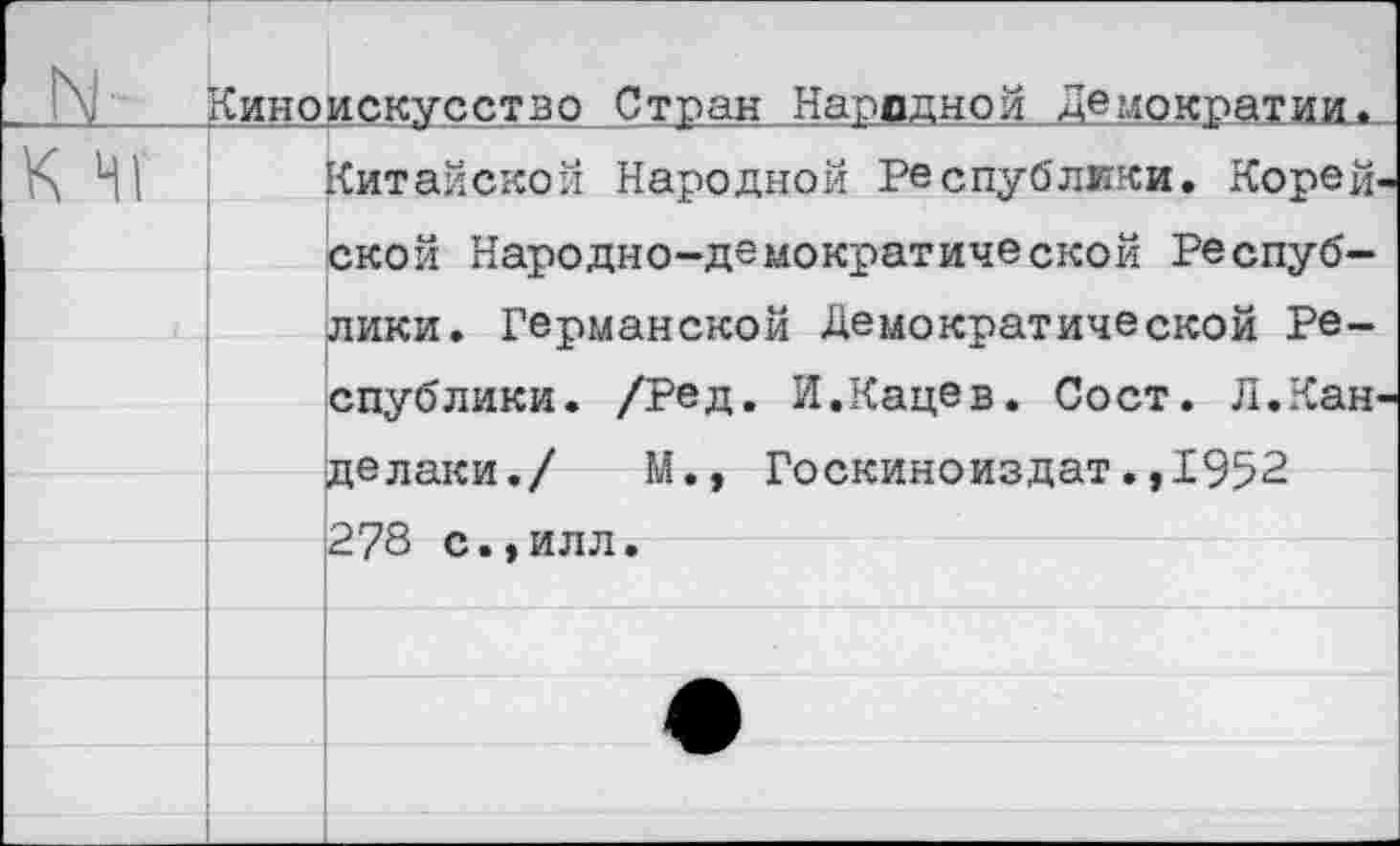 ﻿М-	Кино	искусство Стран Народной Демократии.
К 41		Китайской Народной Республики. Корей-
		ской Народно-демократической Республики. Германской Демократической Республики. /Ред. И.Кацев. Сост. Л.Канде лаки./ М., Госкиноиздат.,1952
		278 с.,илл.
		•